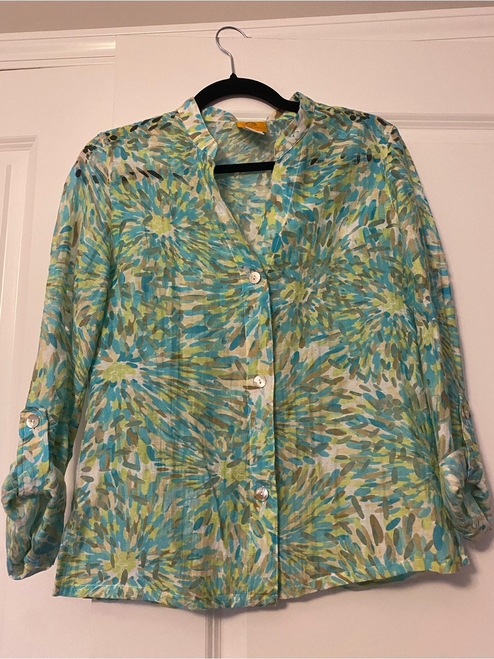 Ruby Rd. Teal and Green Floral Button-Down Blouse